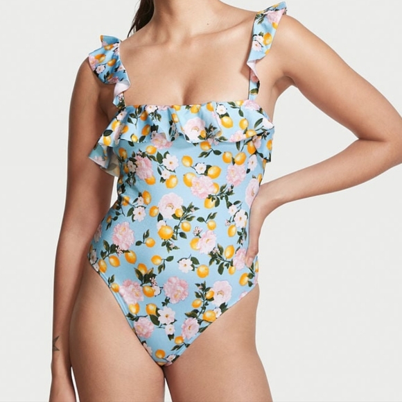 🍒NWT🍒 VS SWIM BLUE RUFFLE LEMON PRINT ONE PIECE - Picture 2 of 3